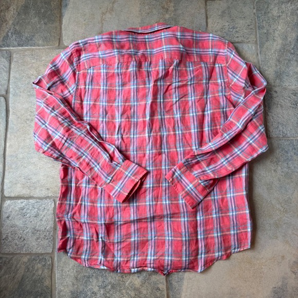 Faherty Linen Laguna Shirt Coral Seas Plaid Medium 100% Linen Mens Resort Casual - Picture 4 of 7